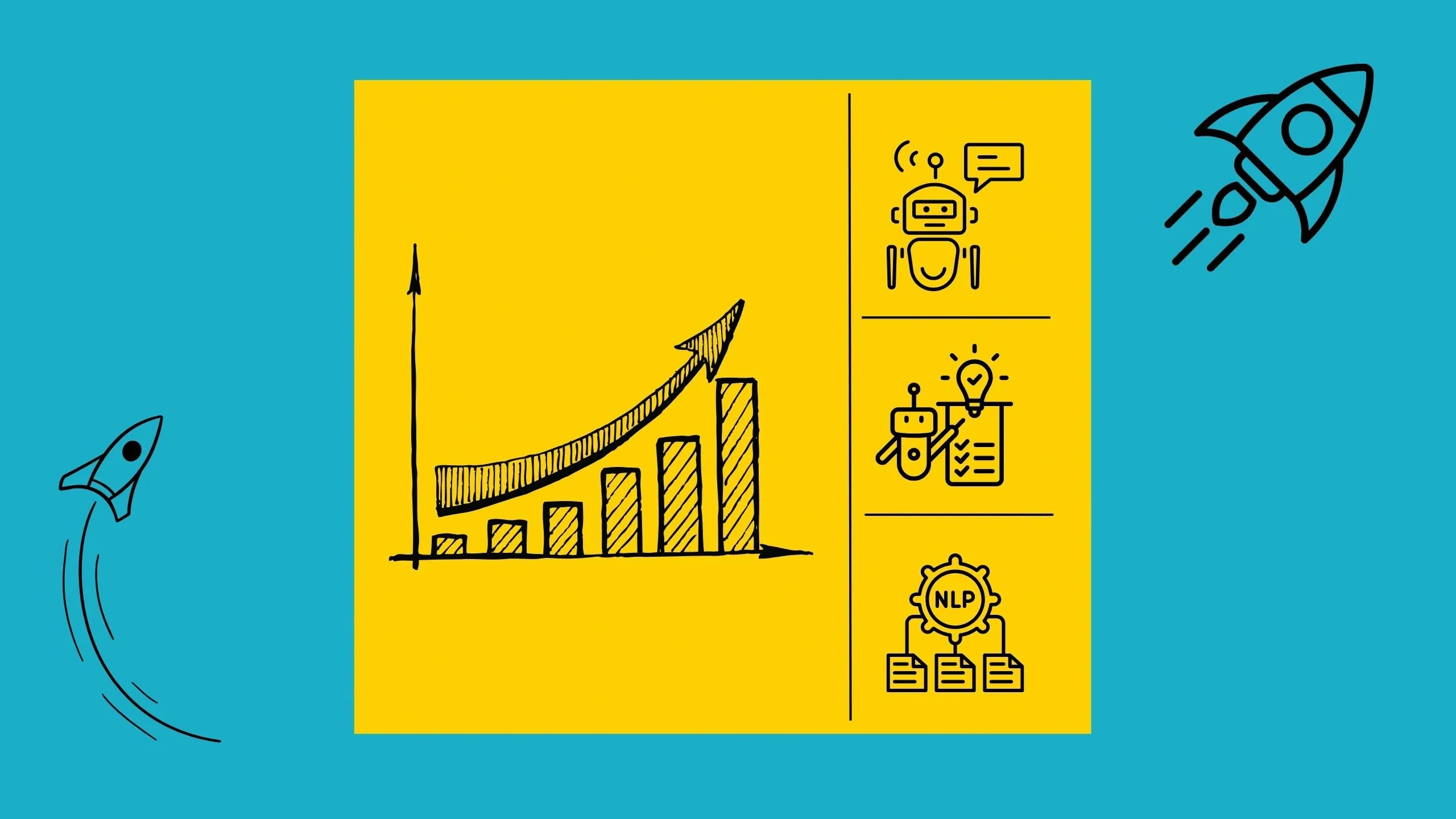 Hand-drawn illustration: a rising growth chart, an AI assistant, an idea checklist and NLP document flow, with rockets.