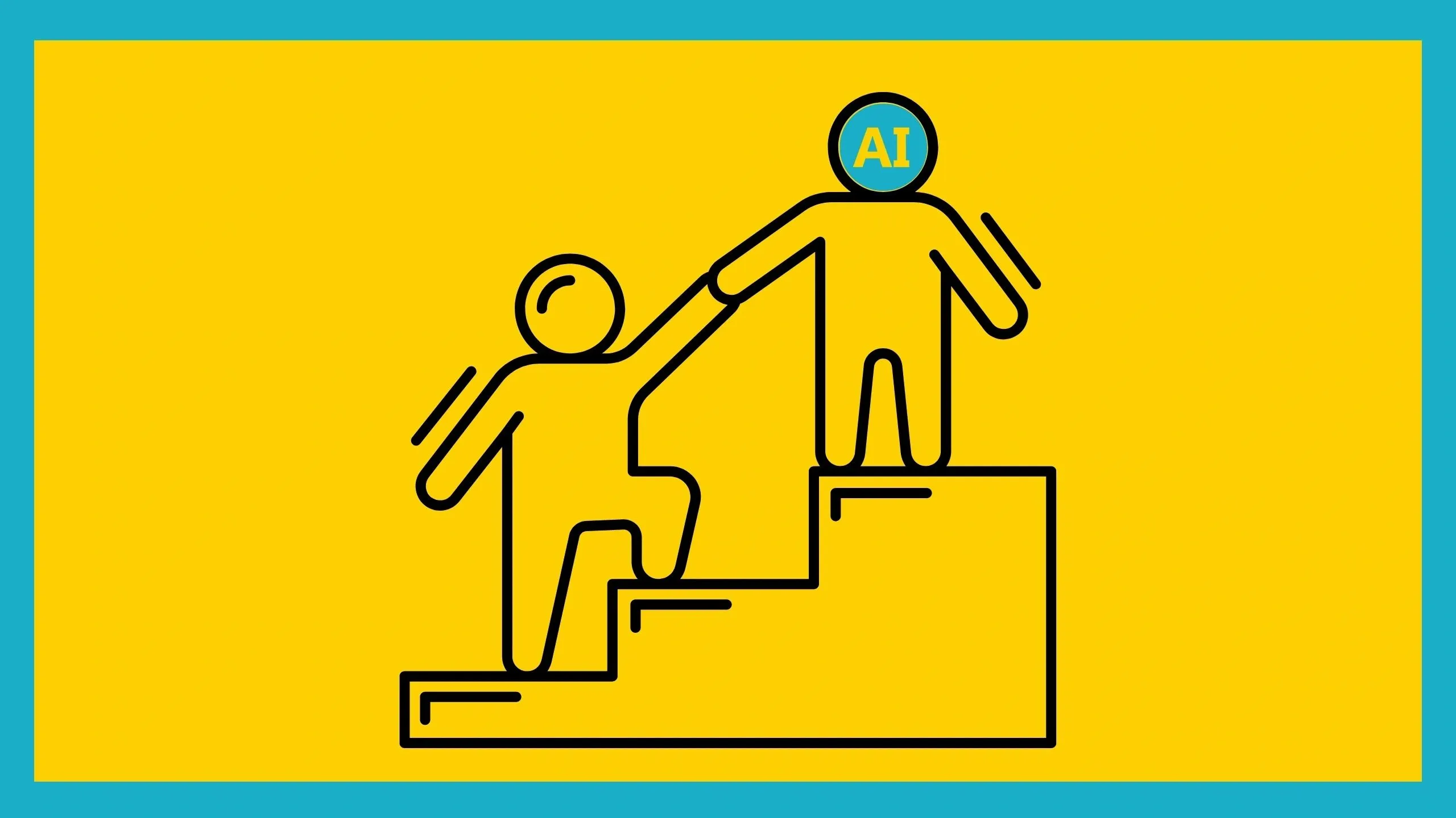 Illustration: an AI figure helping a person climb a staircase.
